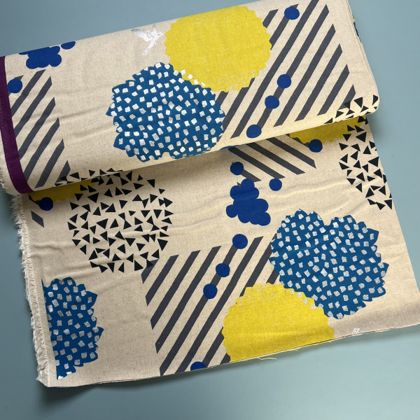 ST10146 Canvas Meterware KOKKA natur mit abstrakten Kreisen, Streifen & Vögeln